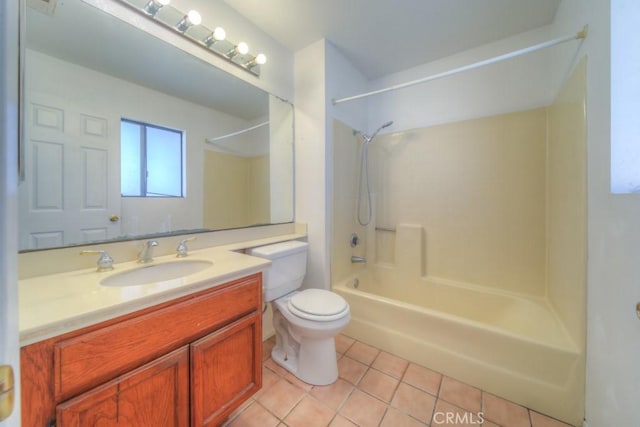 full bathroom with tile patterned flooring, shower / tub combination, vanity, and toilet