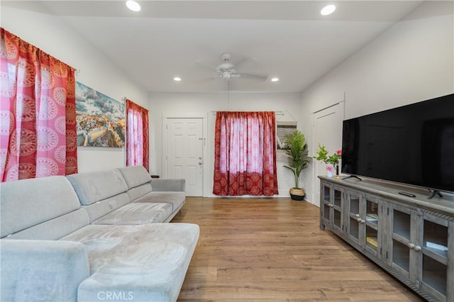 living room with hardwood / wood-style flooring and ceiling fan