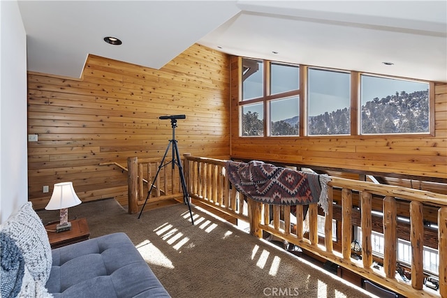 interior space with carpet flooring and wooden walls