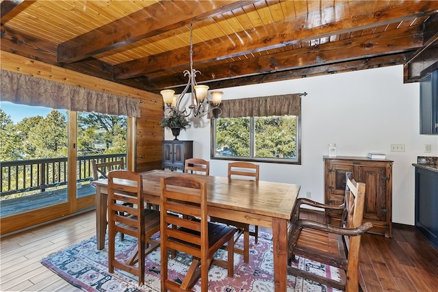 dining area with beamed ceiling, a chandelier, hardwood / wood-style floors, and wood ceiling