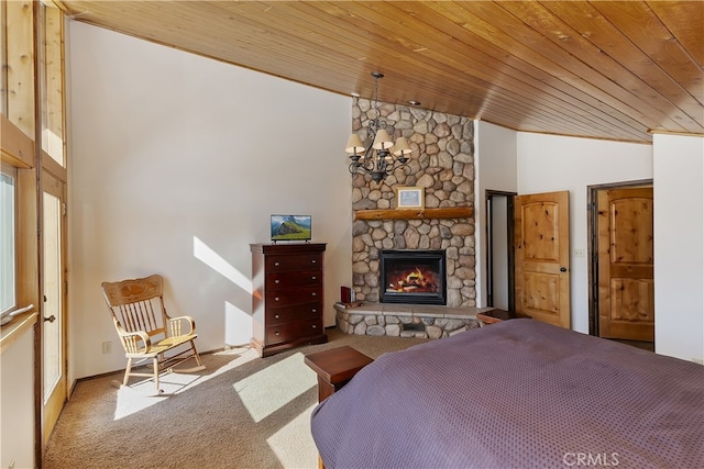 bedroom featuring a stone fireplace, an inviting chandelier, high vaulted ceiling, wooden ceiling, and carpet flooring