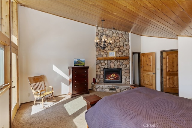 46727 Minnow, Big Bear City, CA 92314 - carpeted bedroom featuring wooden ceiling, a fireplace, and lofted ceiling