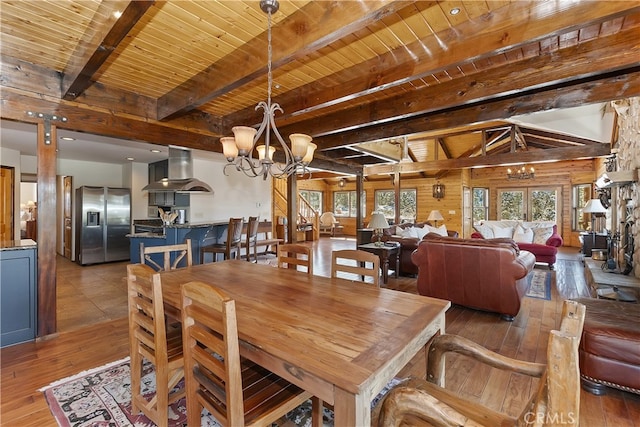 dining room with a notable chandelier, wood ceiling, and light hardwood / wood-style flooring