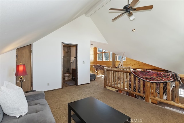 46727 Minnow, Big Bear City, CA 92314 - living area featuring ceiling fan, carpet, beam ceiling, baseboards, and high vaulted ceiling