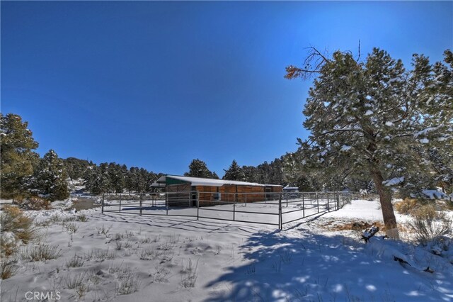 snowy yard with an outdoor structure