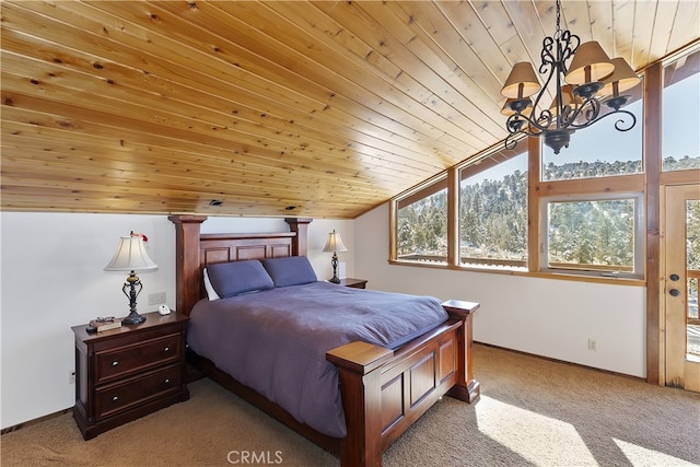 carpeted bedroom with lofted ceiling, wooden ceiling, and a chandelier