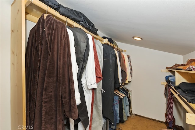 spacious closet featuring light colored carpet