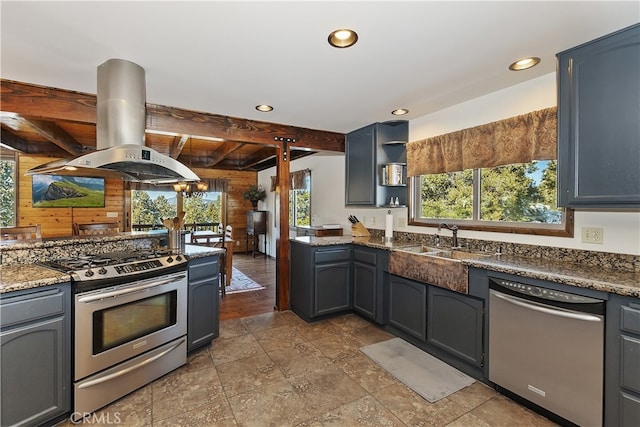 46727 Minnow, Big Bear City, CA 92314 - kitchen featuring appliances with stainless steel finishes, island range hood, recessed lighting, open shelves, and beam ceiling