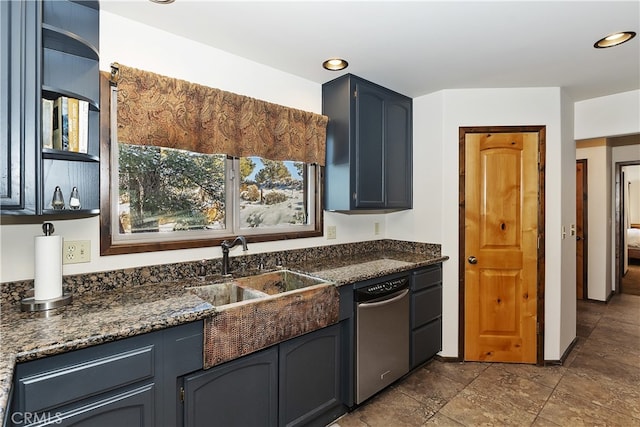 46727 Minnow, Big Bear City, CA 92314 - kitchen with stainless steel dishwasher, a sink, recessed lighting, dark stone counters, and dark stone finish flooring