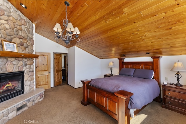 46727 Minnow, Big Bear City, CA 92314 - carpeted bedroom featuring a chandelier, lofted ceiling, wooden ceiling, and a fireplace