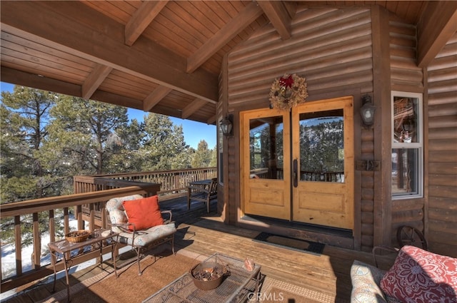 46727 Minnow, Big Bear City, CA 92314 - wooden terrace featuring french doors and outdoor lounge area