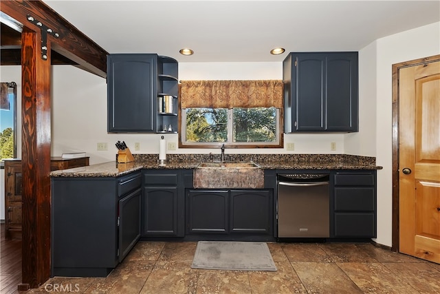 46727 Minnow, Big Bear City, CA 92314 - kitchen with stainless steel dishwasher, a sink, dark stone counters, open shelves, and dark stone finish floors
