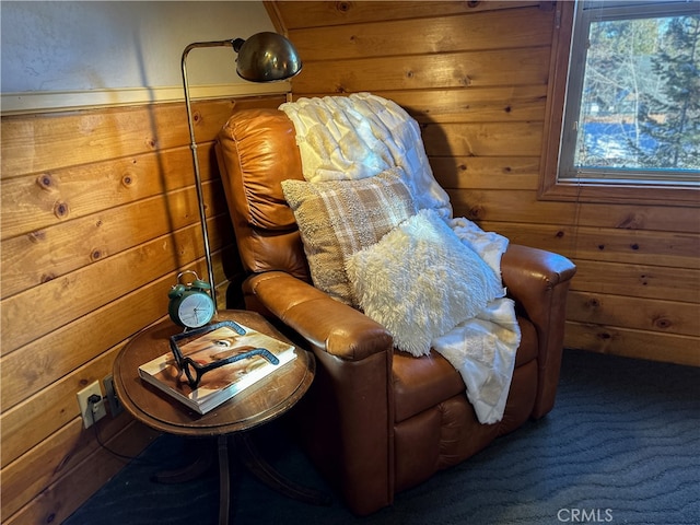 living area with wood walls