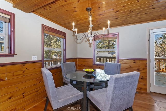 dining space featuring wood ceiling, wooden walls, an inviting chandelier, and hardwood / wood-style floors