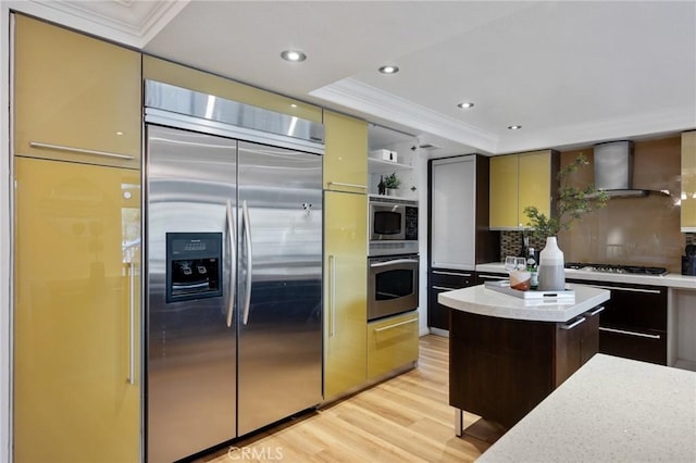 kitchen with built in appliances, a raised ceiling, a kitchen island, light hardwood / wood-style floors, and decorative backsplash