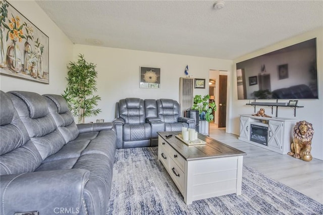 living room featuring a textured ceiling and light wood-type flooring