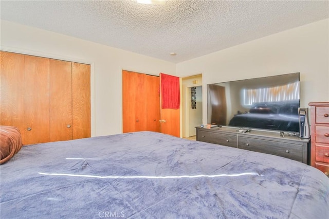 bedroom with two closets and a textured ceiling