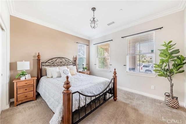 bedroom featuring light colored carpet and ornamental molding