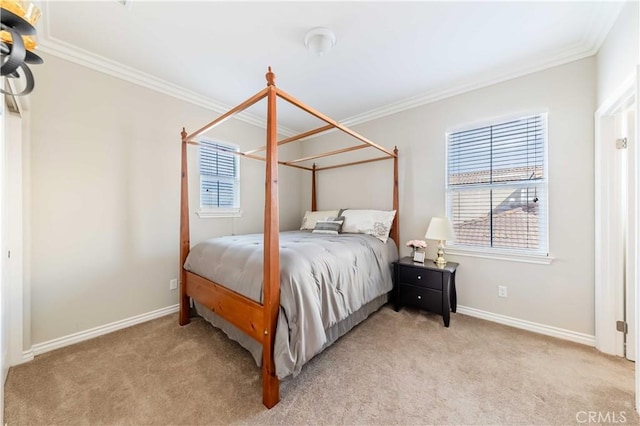 carpeted bedroom featuring crown molding