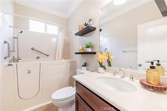 full bathroom with ornamental molding, vanity, shower / bath combo with shower curtain, and toilet