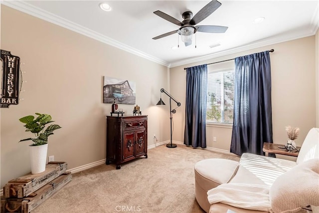 living area with light carpet, crown molding, and ceiling fan