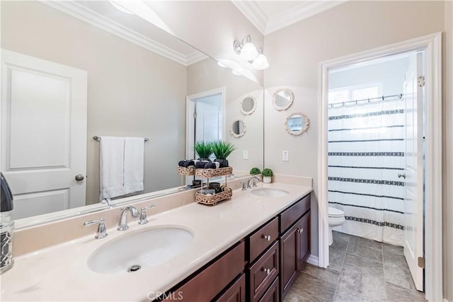 bathroom with ornamental molding, toilet, a shower with shower curtain, and vanity