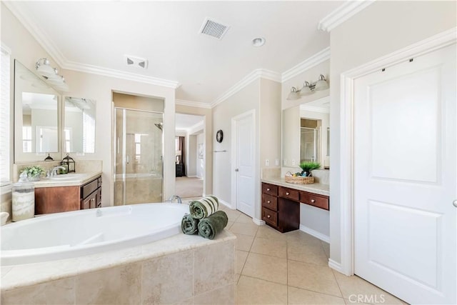 bathroom with vanity, tile patterned flooring, crown molding, and separate shower and tub