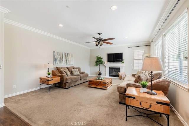 carpeted living room featuring crown molding and ceiling fan