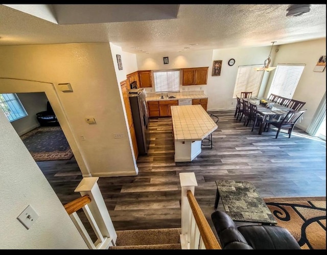 interior space with washer / clothes dryer, dark hardwood / wood-style floors, sink, and a textured ceiling