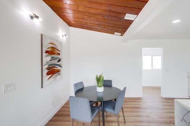 dining area featuring wood-type flooring, wooden ceiling, and vaulted ceiling