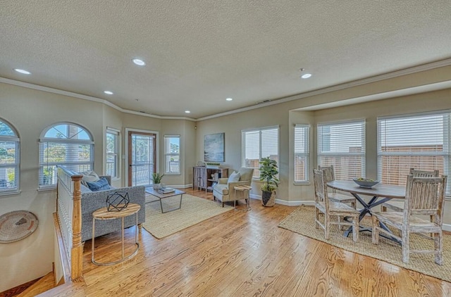 living room with crown molding, a textured ceiling, and light hardwood / wood-style flooring