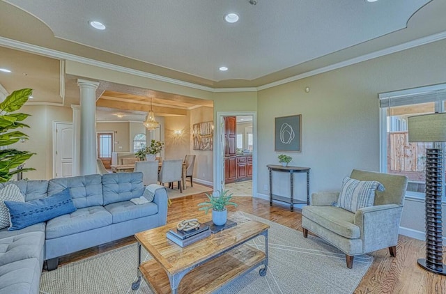 living room with ornate columns, crown molding, and light hardwood / wood-style flooring