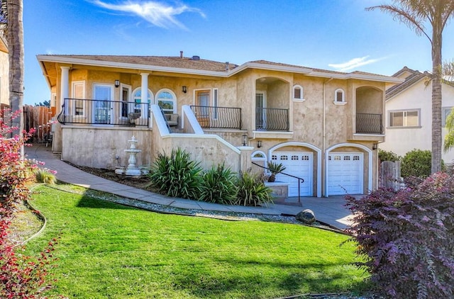 view of front of house with a balcony, a garage, and a front lawn