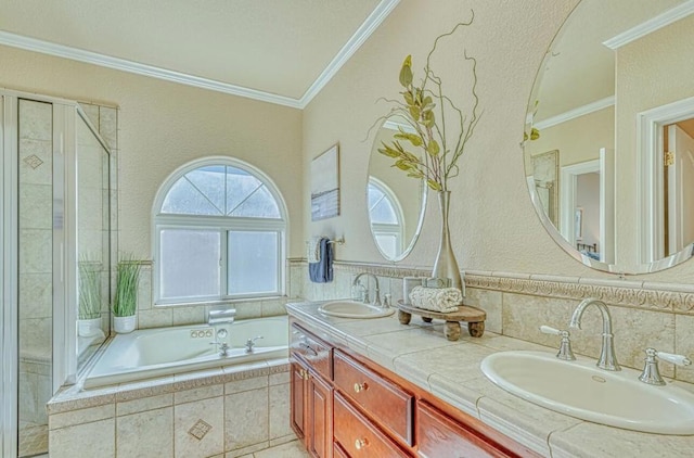 bathroom featuring vanity, crown molding, and a shower with shower door