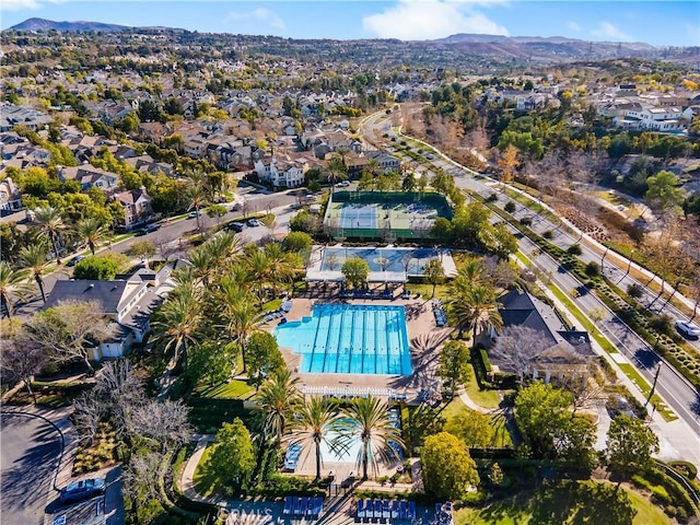 drone / aerial view featuring a mountain view