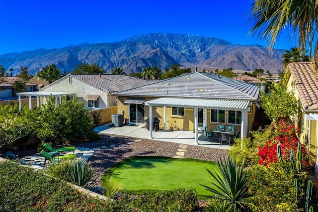 rear view of property with a mountain view and a patio