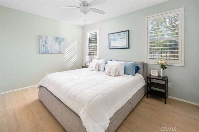 bedroom featuring ceiling fan and light hardwood / wood-style floors