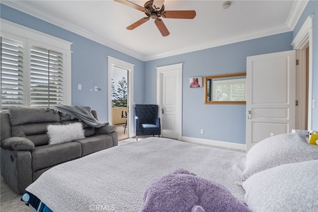 bedroom featuring crown molding, ceiling fan, and carpet floors