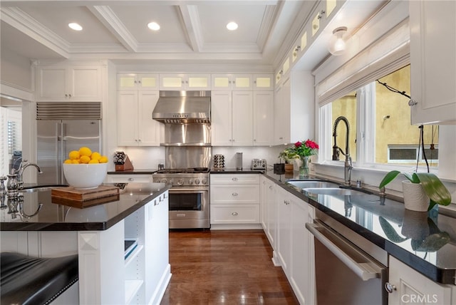 kitchen featuring white cabinetry, high quality appliances, sink, and wall chimney range hood