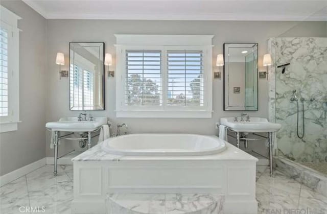 bathroom with ornamental molding, plenty of natural light, sink, and separate shower and tub