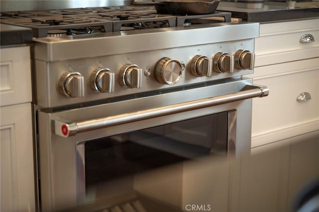 interior details with white cabinetry and high end stainless steel range