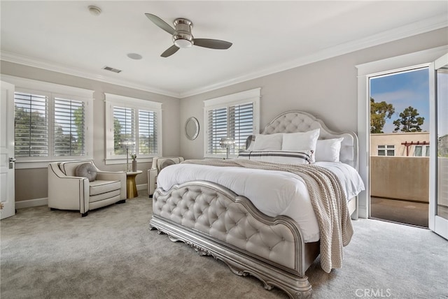 carpeted bedroom with crown molding, ceiling fan, and access to outside