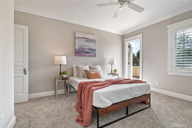 bedroom featuring ornamental molding, light colored carpet, and ceiling fan