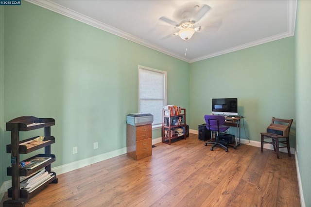 office area featuring crown molding, ceiling fan, and wood-type flooring