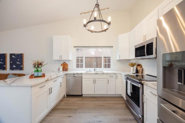 kitchen featuring sink, kitchen peninsula, white cabinets, and appliances with stainless steel finishes