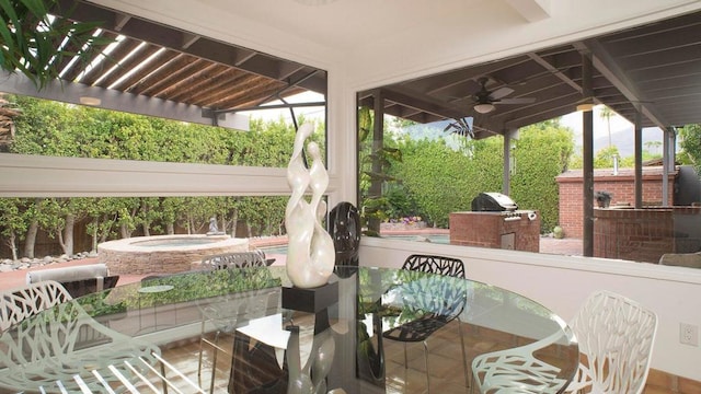 view of patio with exterior kitchen, an in ground hot tub, area for grilling, and ceiling fan