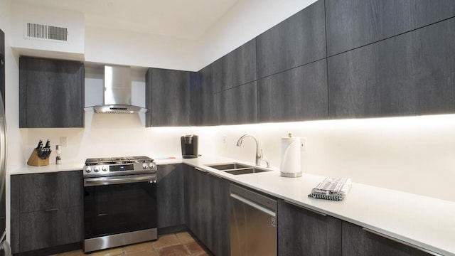 kitchen with sink, wall chimney exhaust hood, and appliances with stainless steel finishes