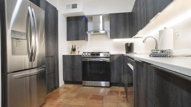 kitchen with sink, wall chimney exhaust hood, and appliances with stainless steel finishes