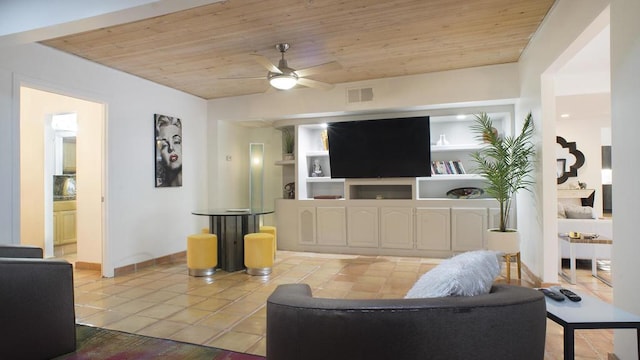 living room with wood ceiling, ceiling fan, built in features, and light tile patterned floors