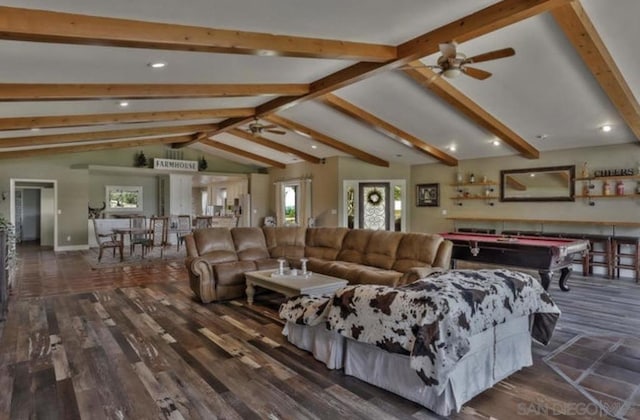 living room with billiards, dark wood-type flooring, lofted ceiling with beams, and ceiling fan